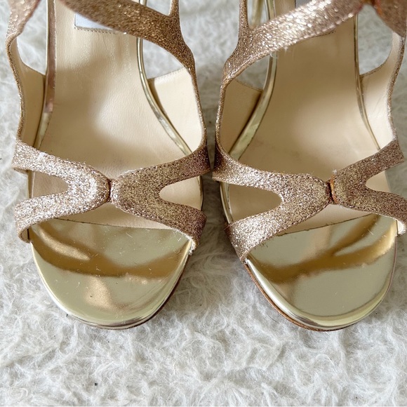 Jimmy Choo Leslie Gold Champagne Glitter Strappy Caged Heels Sandals Size EU 38 - Picture 6 of 14